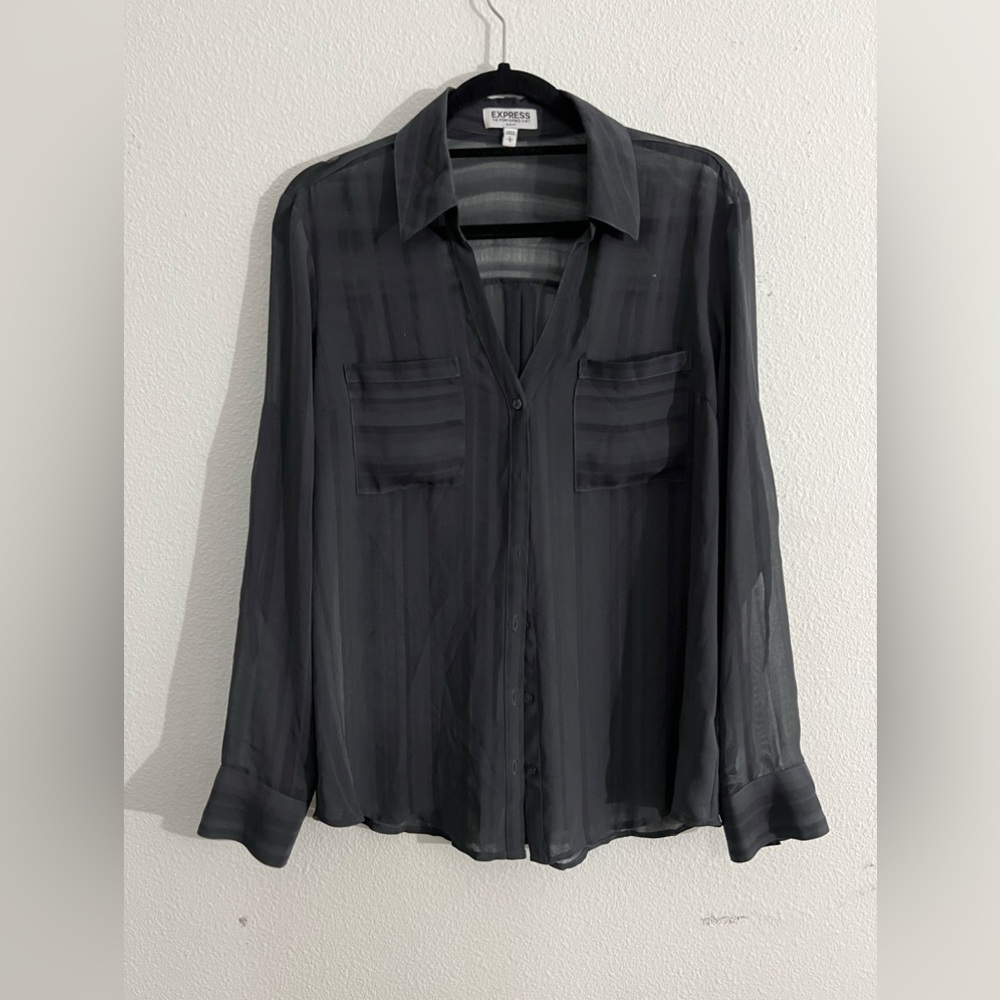 Express Portofino Long Sleeve Mesh Blouse with Vertical Stripes